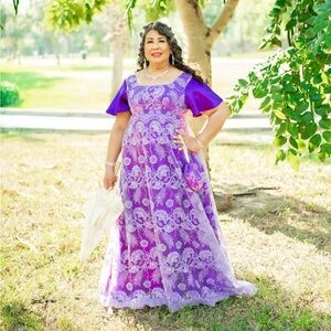 Elegant Purple Lace Regency Gown with gloves and small bag